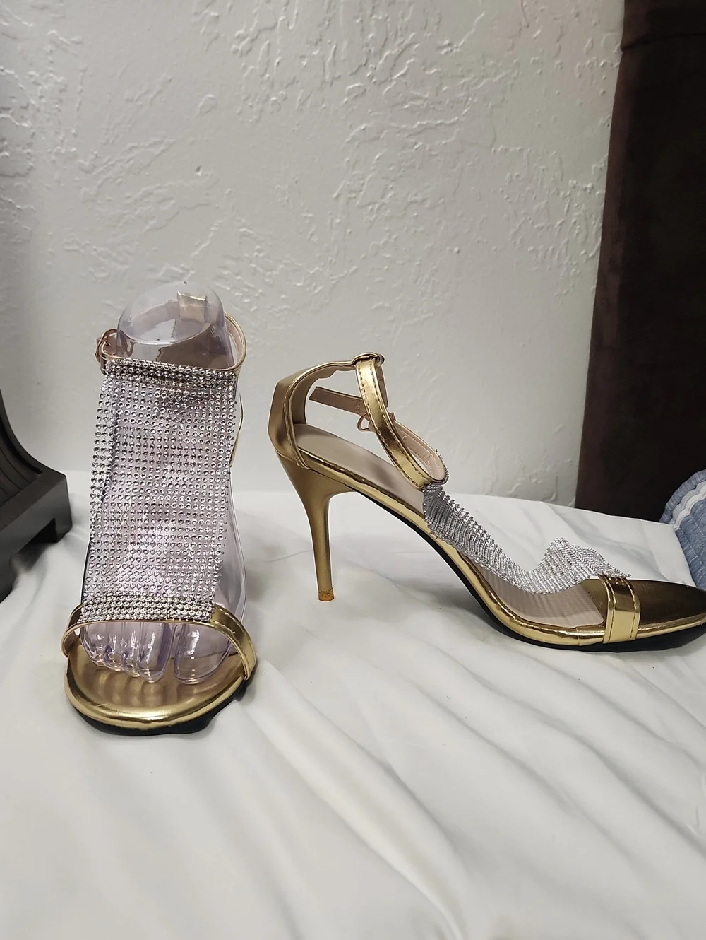 Gold Rhinestone Mesh Stiletto Sandals for Women